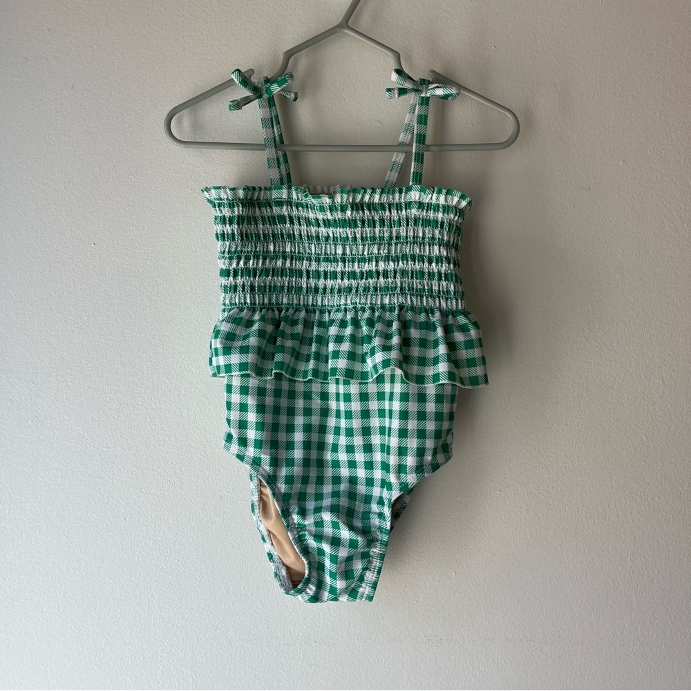 🌼 5/$25 Old Navy Baby Girl Green Gingham Smocked Ruffle Swimsuit 18–24M